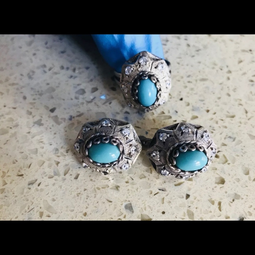 Antique Teal Cubic Zirconia Silver Ring & Earrings
